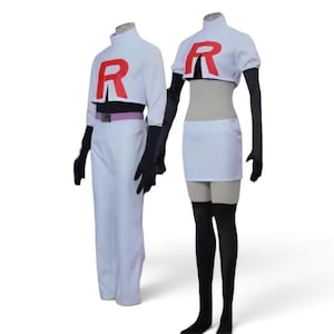 May include: Two white costumes featuring a red letter R on the chest. The first includes a white mock-neck top, white trousers, a light purple belt, and black gloves. The second includes a white cropped top, a white mini skirt, and black stockings.