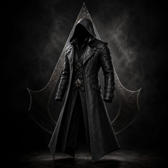 Hooded Leather Long Coat, Assassin Style Gothic Trench Coat, Medieval Fantasy Costume, Custom Handmade Outerwear