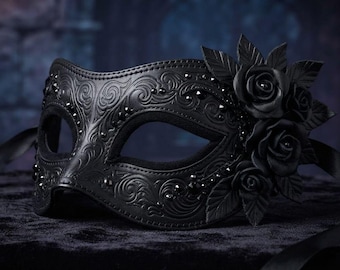 Máscara de cuero negro hecha a mano, máscara gótica veneciana, máscara para disfraz de Halloween, antifaz de cuero floral, máscara para baile de máscaras.