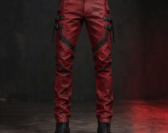 Red Leather Pants for Men, Gothic Biker Pants, Black Panel Trousers, Punk Rock Fashion, Custom Made Leather Trousers