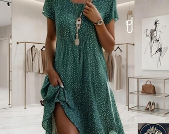 Women’s boho floral midi dress, relaxed summer fit, short sleeve, round neckline
