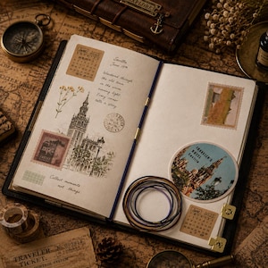 Könnte beinhalten: Ein offenes Notizbuch mit einem Kalender für Juni 2025, einer Skizze einer Kathedrale, einem runden Aufkleber eines Gebäudes mit der Aufschrift Traveler's Hotel Sevilla, alten Briefmarken und handschriftlichem Text wie Collect moments not things.