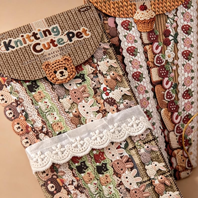 Pode incluir: Dois pacotes de adesivos Knitting Cute Pet com 20 pe&ccedil;as cada. A embalagem exibe uma cabe&ccedil;a de urso de croch&ecirc; marrom e v&aacute;rios designs de adesivos, incluindo animais de croch&ecirc;, morangos, cupcakes e padr&otilde;es de acabamento em renda.