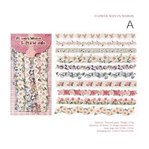 Pode incluir: Um conjunto de 20 tiras de tecido entrela&ccedil;ado decorativo rotuladas como Flower Woven Words, com padr&otilde;es florais incluindo l&iacute;rios, gl&oacute;rias-da-manh&atilde;, rosas, tulipas e margaridas. As tiras s&atilde;o exibidas em um cart&atilde;o com texto e especifica&ccedil;&otilde;es.