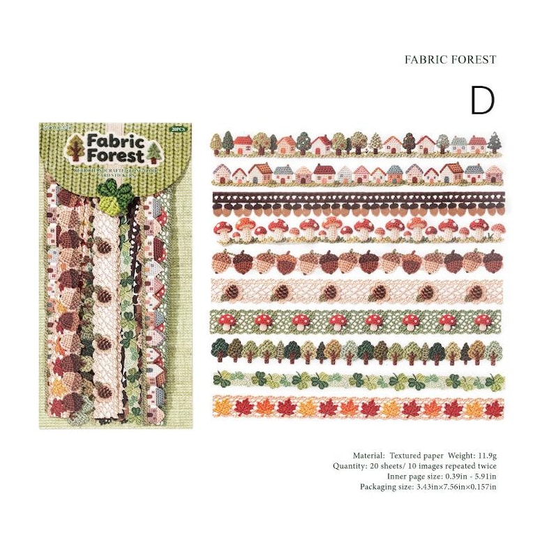 Pode incluir: Um conjunto de autocolantes de papel decorativo Fabric Forest com 10 padr&otilde;es distintos de casas, cogumelos, bolotas, &aacute;rvores, folhas e trevos. O pacote inclui 20 folhas com dimens&otilde;es de 1cm por 15cm e um peso de 11,9g.
