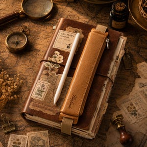 Puede incluir: Un cuaderno de viaje de cuero marrón con un bolígrafo blanco y un estuche para bolígrafos de cuero color canela sujeto con una banda elástica. La cubierta tiene pegatinas florales vintage, un sello y el texto TRAVELER'S notebook.