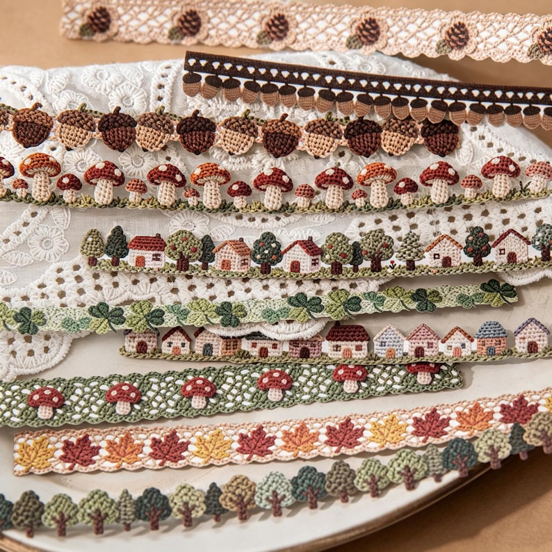 Pode incluir: Uma cole&ccedil;&atilde;o de fitas decorativas de croch&ecirc; com v&aacute;rios padr&otilde;es, incluindo bolotas castanhas, cogumelos vermelhos e brancos, pequenas casas com &aacute;rvores, folhas de trevo verdes, folhas de outono em amarelo e laranja e filas de &aacute;rvores.