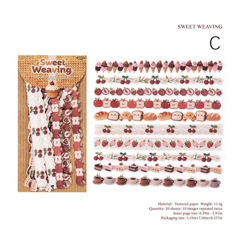 Pode incluir: Um conjunto de autocolantes Sweet Weaving com 20 folhas e 10 designs repetidos de padr&otilde;es de comida e fruta em croch&eacute;. Os autocolantes incluem imagens de gelados, cerejas, morangos, ma&ccedil;&atilde;s, p&atilde;o e ch&aacute;venas de caf&eacute; em papel texturado.