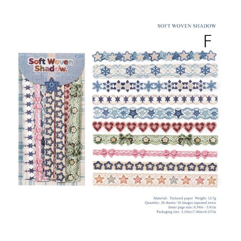 Pode incluir: Um conjunto de fitas de papel decorativas Soft Woven Shadow com 20 folhas e 10 designs repetidos. Os padr&otilde;es incluem v&aacute;rios motivos tipo renda, como estrelas, flocos de neve, cora&ccedil;&otilde;es, la&ccedil;os e flores em tons de azul, rosa, verde e bege.