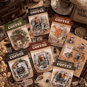 Pode incluir: Seis embalagens de papel retangulares rotuladas como Extended Life Coffee, cada uma contendo 40 adesivos decorativos com ilustrações vintage de café, incluindo cafeteiras, xícaras e grãos, dispostas sobre uma superfície de madeira escura.