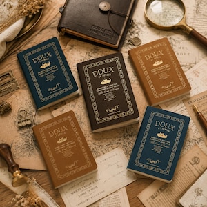 May include: Five rectangular notebooks in blue and brown with gold foil text reading DOUX ET AEREEN, featuring a cat illustration, decorative borders, and the phrase SOMETIMES WRITTEN SOMETIMES JUST HELD. The notebooks are arranged on a map surface.