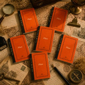 May include: Five rectangular notebooks with bright orange covers, black spines, and a decorative black border. Each notebook features the word Plan printed in white on the front cover. The notebooks are arranged on a surface with vintage maps.