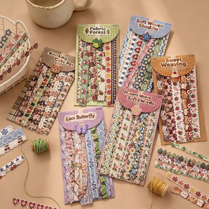 Pode incluir: V&aacute;rios cart&otilde;es retangulares de papel&atilde;o exibem fitas decorativas de renda e tecido com padr&otilde;es de flores, borboletas, animais e comida. Cada cart&atilde;o apresenta um r&oacute;tulo tem&aacute;tico como Fabric Forest, Knitting Cute Pet, Lace Butterfly, Soft Woven Shadow, Sweet Weaving e Flowers Weave Soft & Words, juntamente com pequenos enfeites correspondentes.