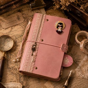 May include: A pink leather-bound journal featuring a vertical strip of cream-colored lace, a dangling antique-style key charm with pearls, and a decorative pin of a person wearing sunglasses and a hat. The journal is secured with a pink elastic band.