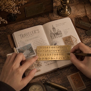 May include: A brass stencil ruler featuring cutouts of the alphabet, numbers zero through nine, and various mathematical symbols. The rectangular metal tool is positioned over an open notebook with printed text and illustrations of a building.