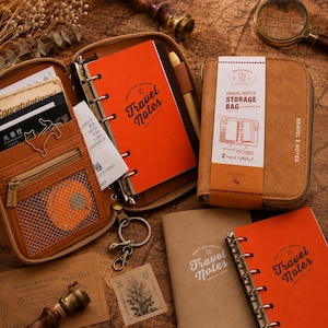 Puede incluir: Un estuche de viaje color canela con cremallera que contiene un cuaderno de anillas naranja con el texto Travel Notes, un bolsillo de malla y ranuras para tarjetas. Al lado hay una bolsa de almacenamiento cerrada con una banda Travel Notes Storage Bag.