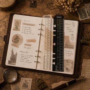 May include: An open ring-bound planner with grid paper featuring handwritten notes, floral stickers, and vintage-style illustrations. A clear plastic ruler and a black plastic ruler, both marked with the word TODAY, are inserted as page markers.