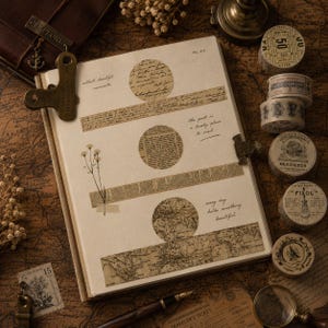 May include: A journal page decorated with vintage-style paper circles, strips of text, and a botanical illustration. The page features handwritten quotes including collect beautiful moments, the past is a lovely place to visit, and every day holds something beautiful.