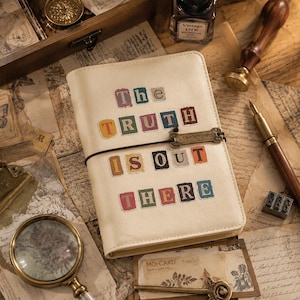 Pode incluir: Um diário de cor creme com um fecho de elástico seguro com um pendente de metal. A capa apresenta o texto "The Truth Is Out There" em blocos de letras coloridos e individuais que lembram o estilo de uma nota de resgate.