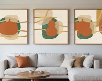 Juego de 3 lienzos con estampado botánico "Pumpkin Patch", arte abstracto bohemio para pared, ideal para dormitorio.