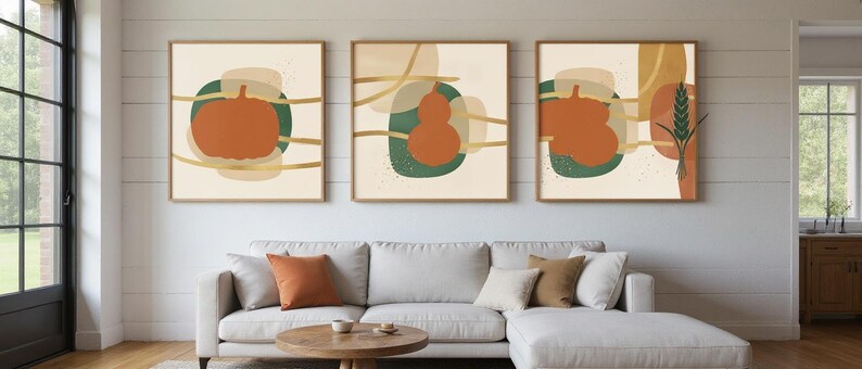 Pumpkin Patch Set of 3 Botanical Canvas Prints, Abstract Boho Wall Art Gallery Set for Bedroom, 3 Piece Print Set image 1