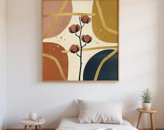 Dried Cotton Stem Poster Print | Abstract Boho Botanical Wall Art, Mustard Gold Bedroom Decor | Harvest Moon Collection
