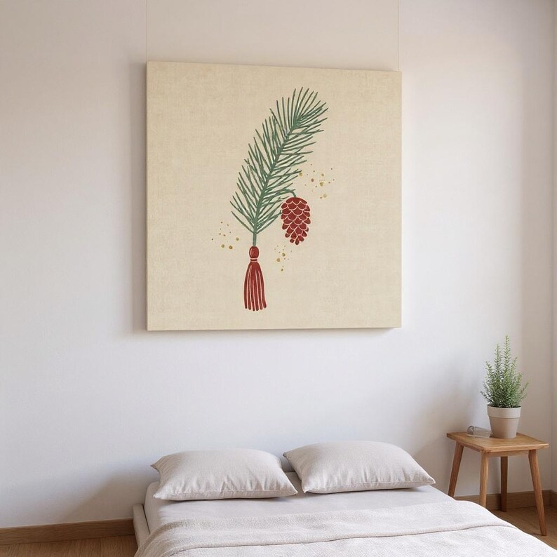 White Pine Cone & Tassel Wall Art Print | Maine State Flower Canvas, Abstract Boho Botanical Decor, Sage Green Living Room Art image 3