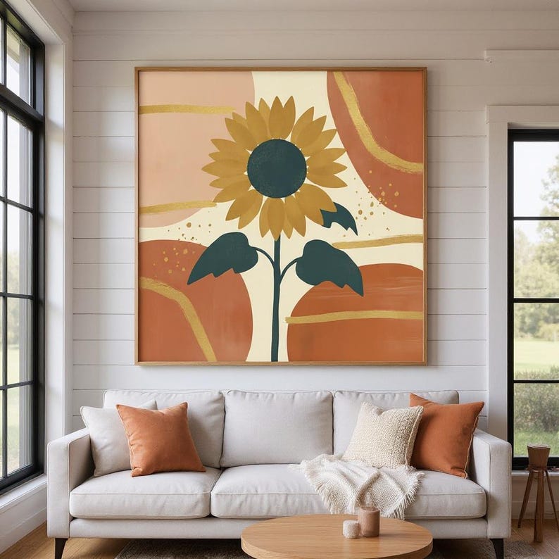 Lámina decorativa botánica de girasoles para pared, lienzo abstracto estilo boho para sala de estar, decoración en oro mostaza / Colección de verano imagen 5