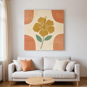 Hawaiian Yellow Hibiscus Wall Art Print | Hawaii State Flower Canvas, Abstract Boho Botanical Decor, Warm Coral Living Room Art image 1