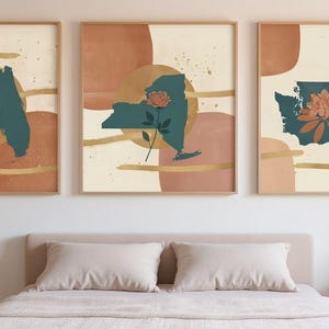 Coast to Coast State Flowers Set of 3 | Abstract Boho Canvas Prints, Botanical Wall Art Gallery Set, Deep Teal Decor image 6