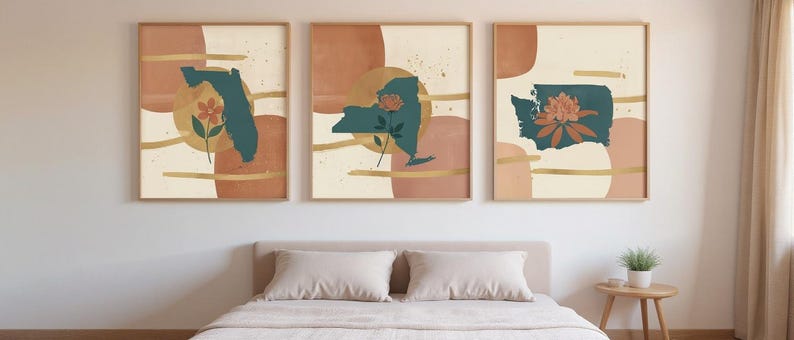 Coast to Coast State Flowers Set of 3 | Abstract Boho Canvas Prints, Botanical Wall Art Gallery Set, Deep Teal Decor image 6