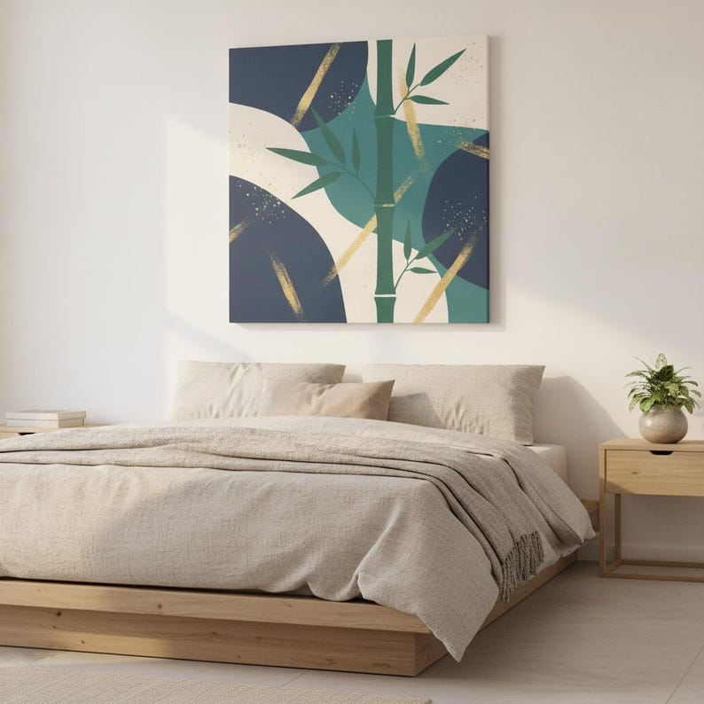 Bambus Poster Kunstdruck | Abstrakte botanische Wandkunst, marineblaue Blatt Schlafzimmer Dekor | Quiet Botanicals Kollektion Bild 1