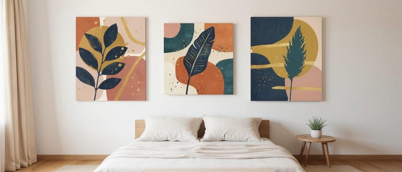 Golden Hour Set of 3 Botanical Canvas Prints, Abstract Boho Wall Art Gallery Set for Living Room, 3 Piece Print Set image 6