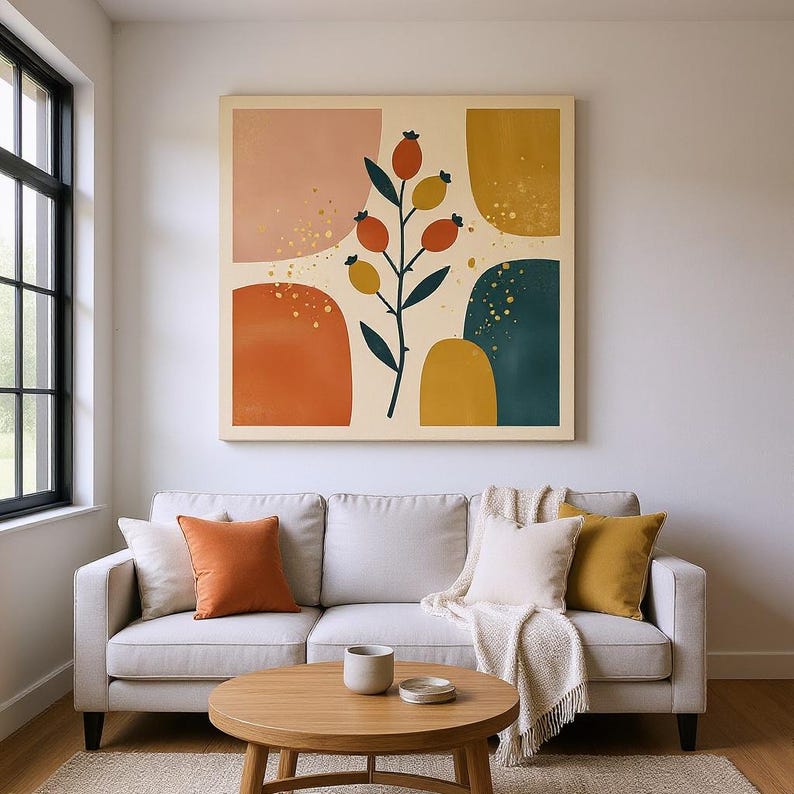 Stampa su poster con stelo di rosa canina / Arte murale botanica astratta in stile boho, decorazione per soggiorno boho blu navy / Collezione Harvest Moon immagine 5