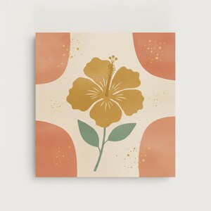 Hawaiian Yellow Hibiscus Wall Art Print | Hawaii State Flower Canvas, Abstract Boho Botanical Decor, Warm Coral Living Room Art image 2