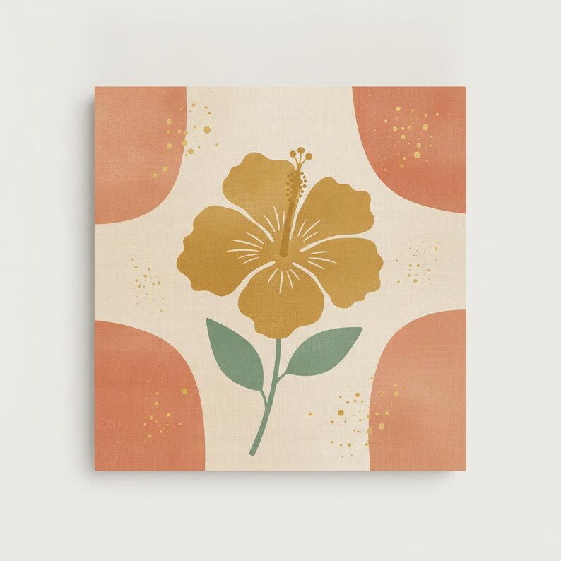 Hawaiian Yellow Hibiscus Wall Art Print | Hawaii State Flower Canvas, Abstract Boho Botanical Decor, Warm Coral Living Room Art image 2