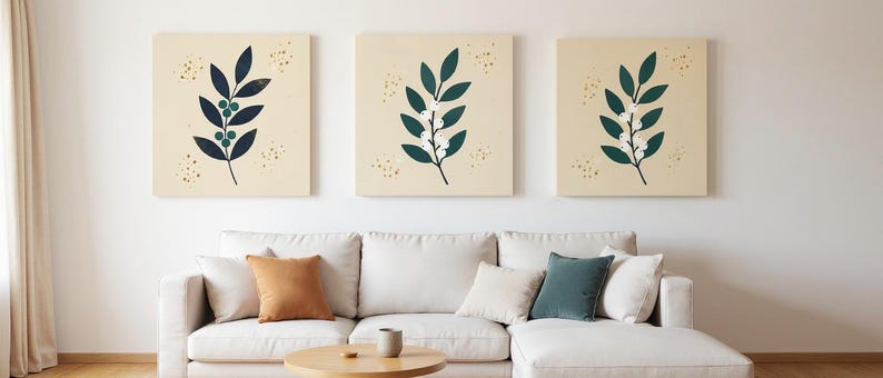 Conjunto de 3 lienzos con estampados botánicos Winter Grove, arte abstracto bohemio para pared, ideal para dormitorio. imagen 7