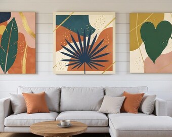 Tropical Botanica Set of 3 Botanical Canvas Prints, Abstract Boho Wall Art Gallery Set for Living Room, 3 Piece Print Set