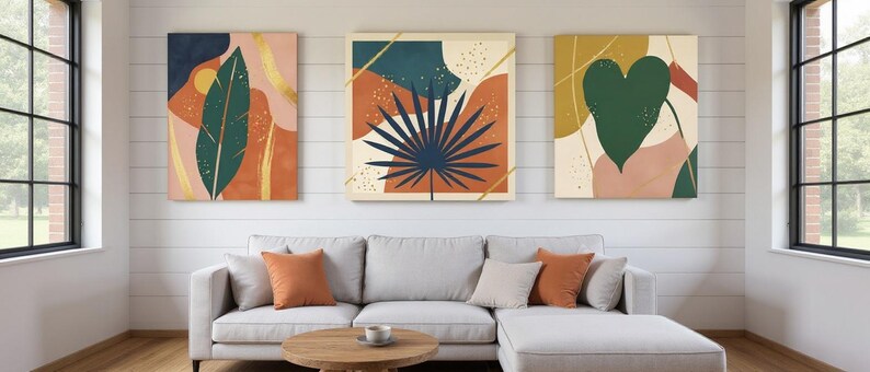 Tropical Botanica Set of 3 Botanical Canvas Prints, Abstract Boho Wall Art Gallery Set for Living Room, 3 Piece Print Set image 1