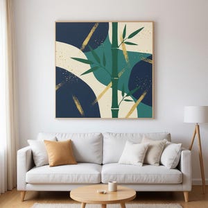 Lámina decorativa botánica de tallo de bambú, lienzo abstracto estilo boho para dormitorio o sala de estar, decoración de hojas azul marino / Colección Quiet Botanicals imagen 4