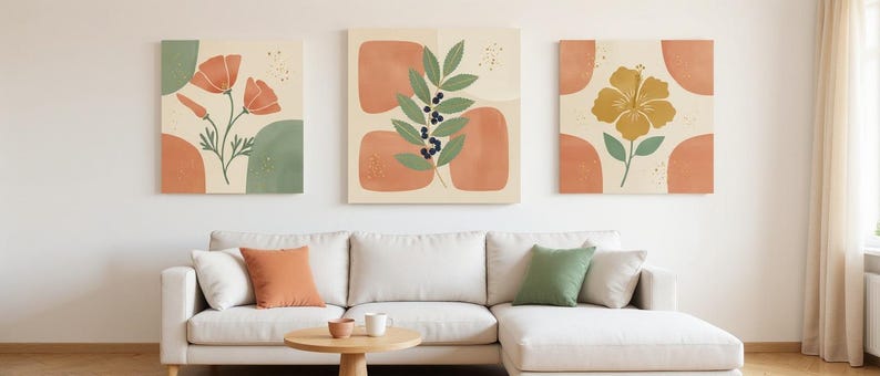 Pazifikküste Zustand Blumen 3er-Set | Abstrakte Boho Leinwanddrucke, botanische Kunst Galerie-Set, Salbeigrün Dekor Bild 7