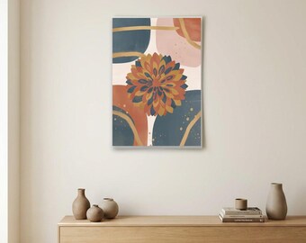 Dahlia Abstract Floral Wall Art Print, Terracotta Navy Botanical Art, Mid Century Modern Decor