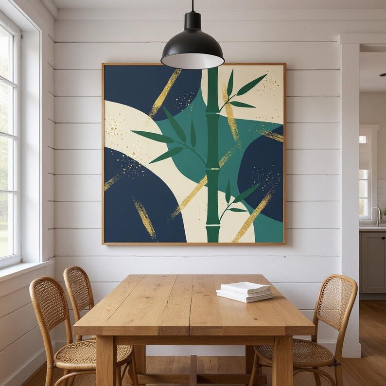 Lámina decorativa botánica de tallo de bambú, lienzo abstracto estilo boho para dormitorio o sala de estar, decoración de hojas azul marino / Colección Quiet Botanicals imagen 6