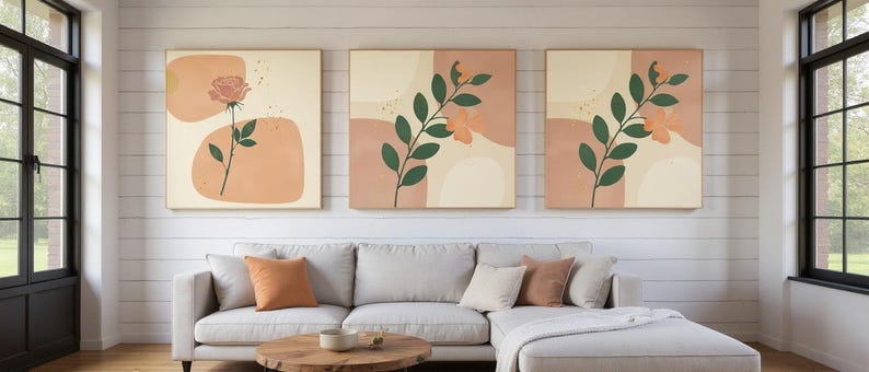 Southern Belles State Flowers Set of 3 | Abstract Boho Canvas Prints, Botanical Wall Art Gallery Set, Dusty Pink Decor image 1