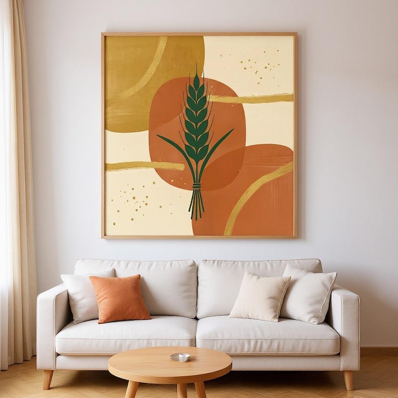Botanischer Kunstdruck mit Weizengarbenmotiv, abstraktes Boho-Leinwandbild fürs Wohnzimmer, Dekor in gebranntem Orange | Kürbis-Kollektion Bild 1