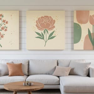 Spring Blossom Set of 3 Botanical Canvas Prints, Abstract Boho Wall Art Gallery Set for Living Room, 3 Piece Print Set