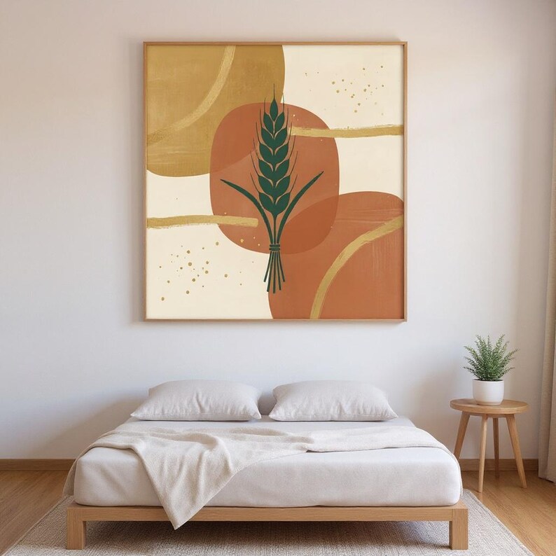 Botanischer Kunstdruck mit Weizengarbenmotiv, abstraktes Boho-Leinwandbild fürs Wohnzimmer, Dekor in gebranntem Orange | Kürbis-Kollektion Bild 3
