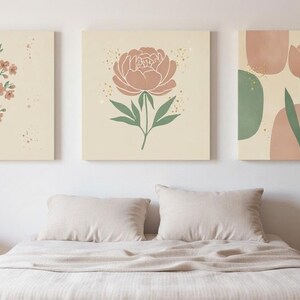 Set van 3 botanische canvasafdrukken lentebloesem, abstracte boho-muurkunstgalerieset voor woonkamer, 3-delige printset afbeelding 6