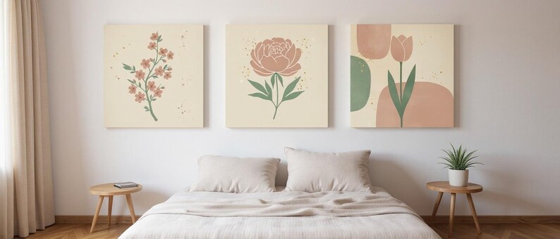 Set van 3 botanische canvasafdrukken lentebloesem, abstracte boho-muurkunstgalerieset voor woonkamer, 3-delige printset afbeelding 6