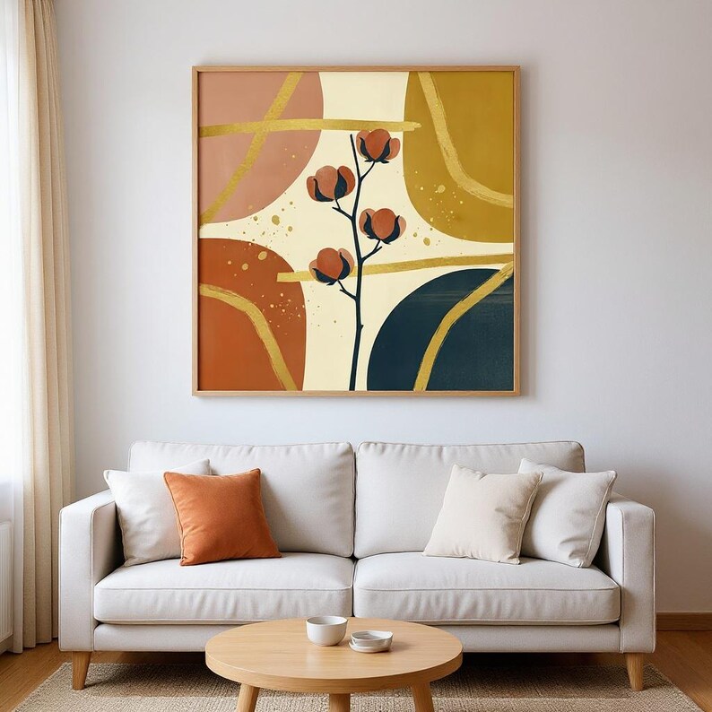 Dried Cotton Stem Poster Print | Abstract Boho Botanical Wall Art, Mustard Gold Bedroom Decor | Harvest Moon Collection image 4